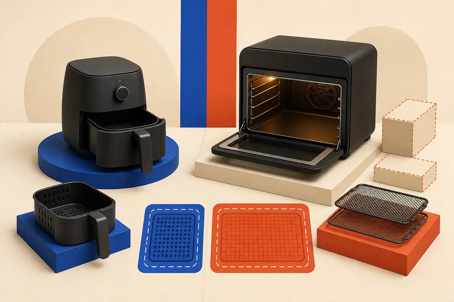 Illustrative 3D scene comparing basket and oven-style air fryers.