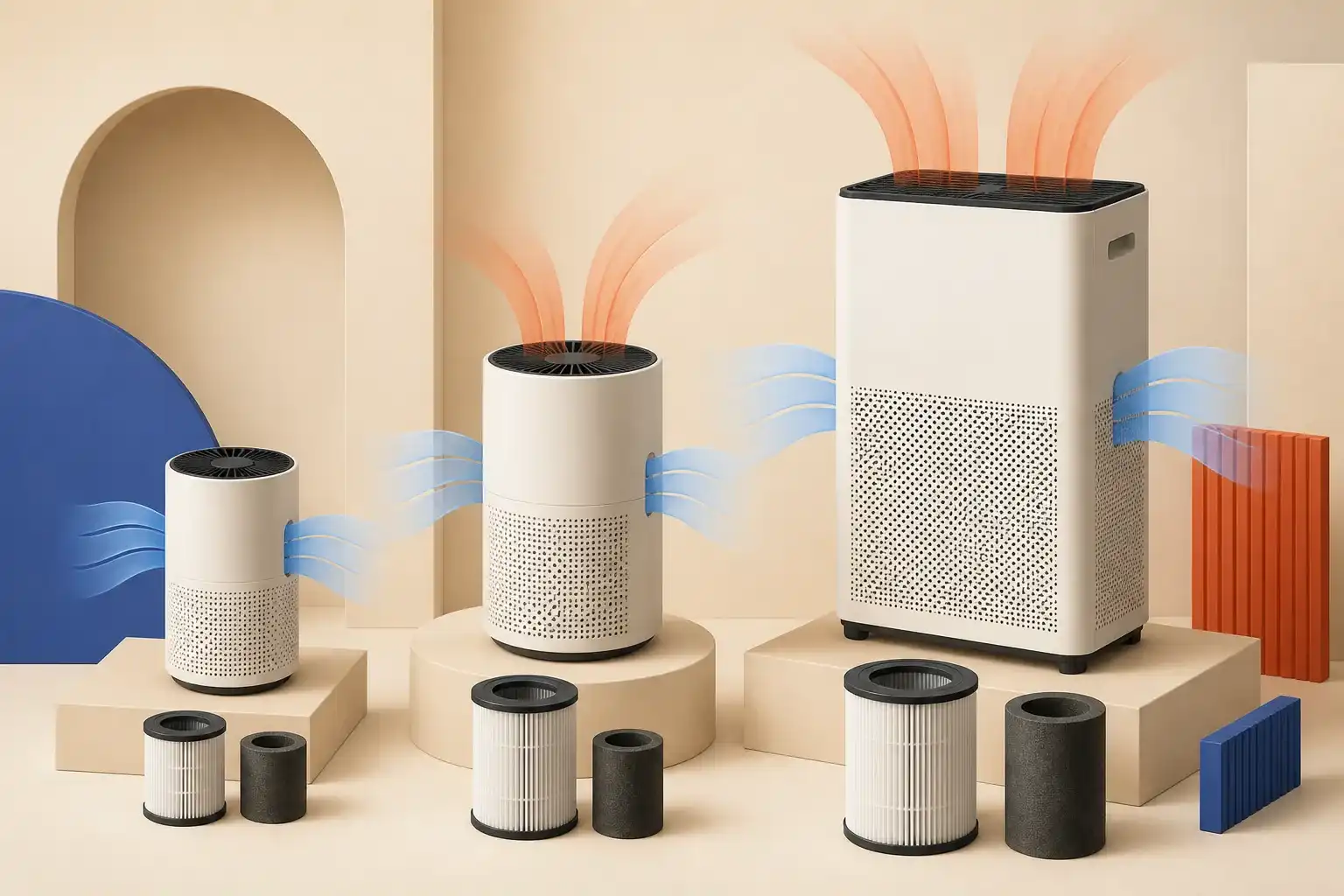Illustrative 3D scene comparing air purifier sizes, airflow, and filters.