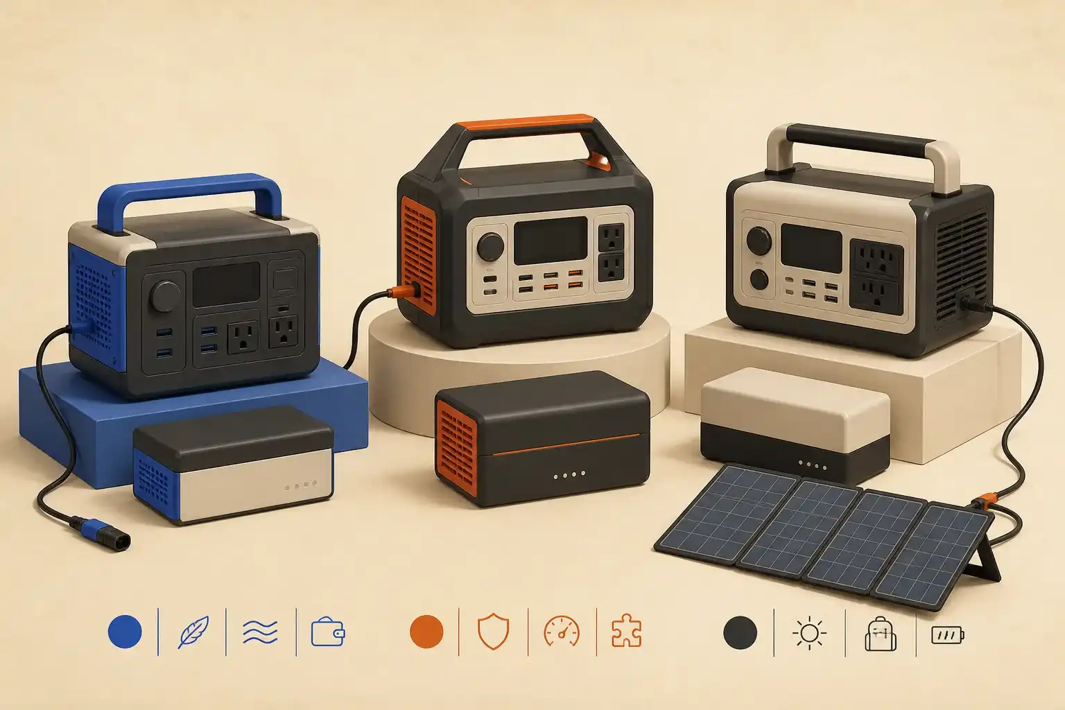 Illustrative 3D scene comparing three midsize portable power stations.