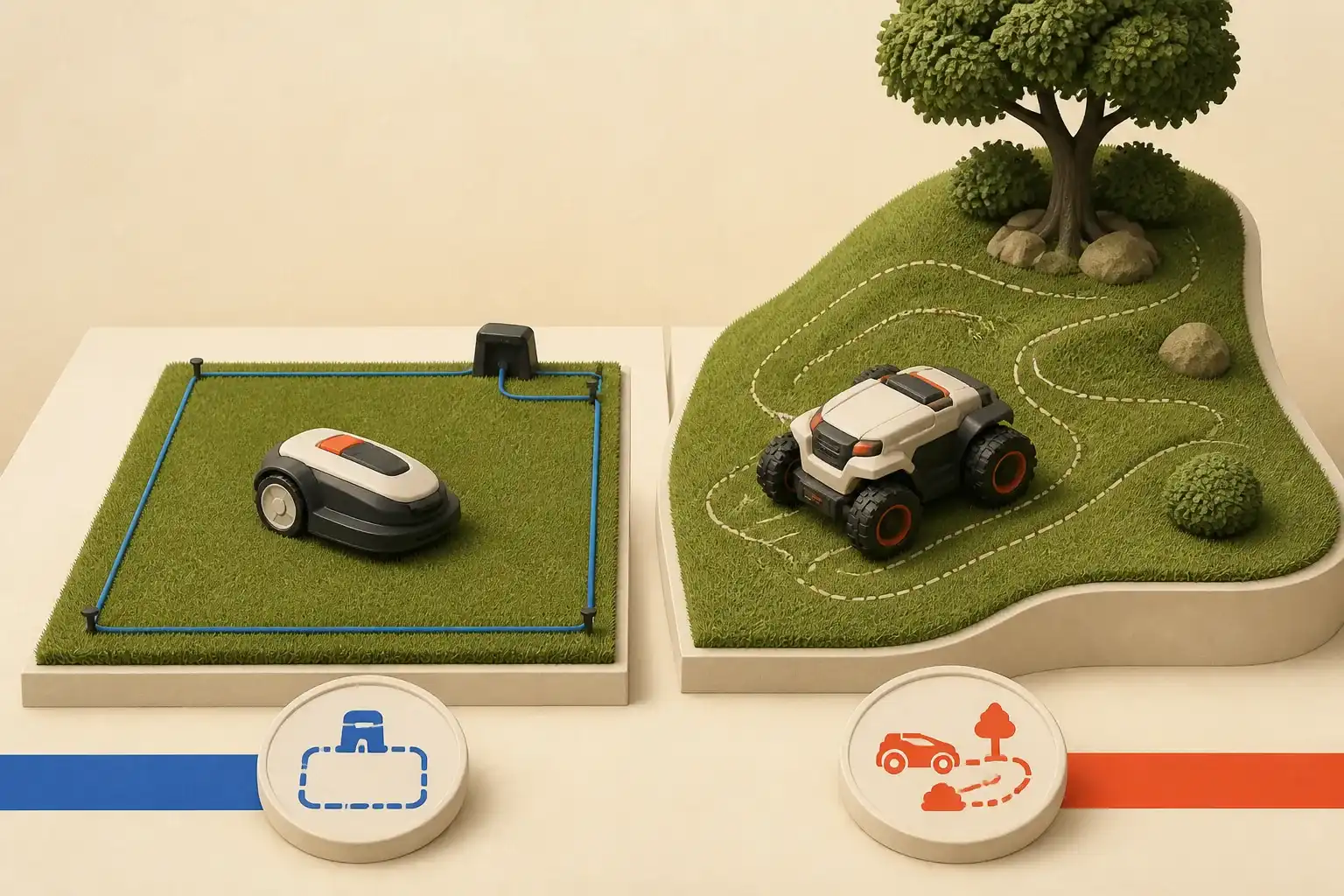 Illustrative 3D scene comparing boundary-wire and wire-free robot mowers.
