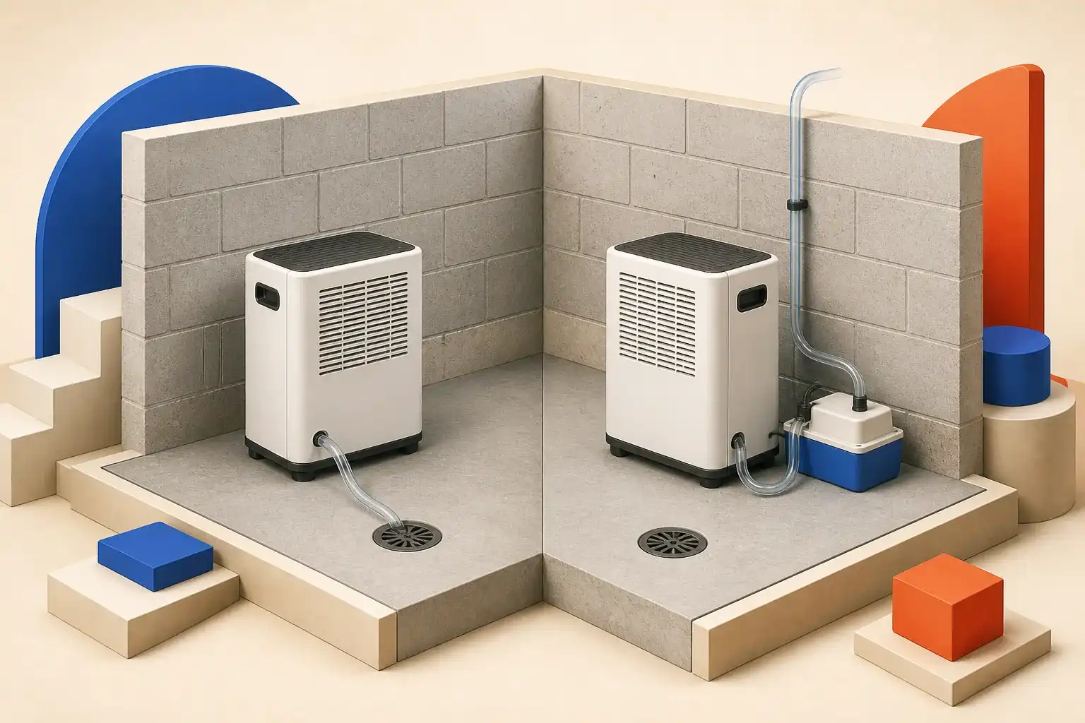 Illustrative 3D scene comparing basement dehumidifier drainage methods.