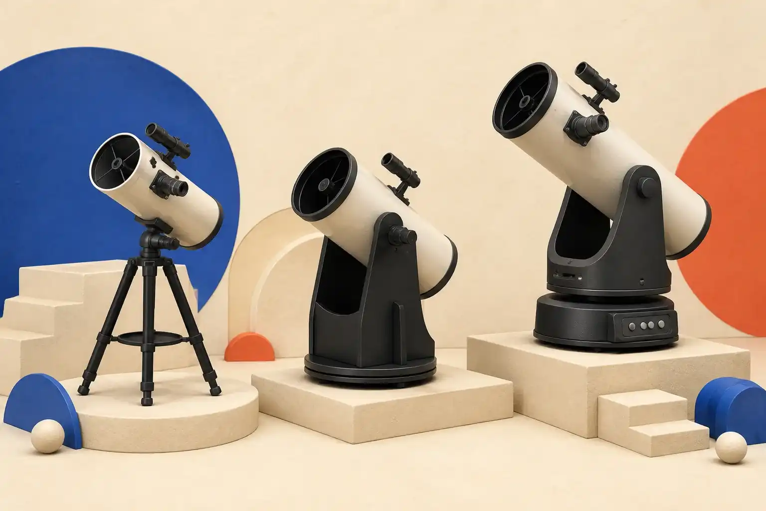 Illustrative 3D scene comparing three beginner telescope mounts and apertures.