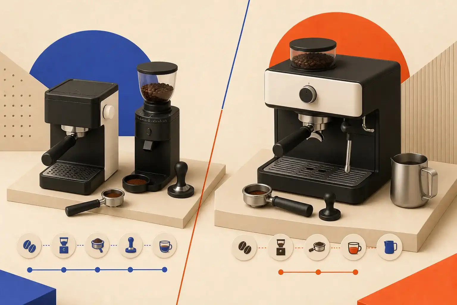 Illustrative 3D scene comparing separate and integrated espresso grinder setups.