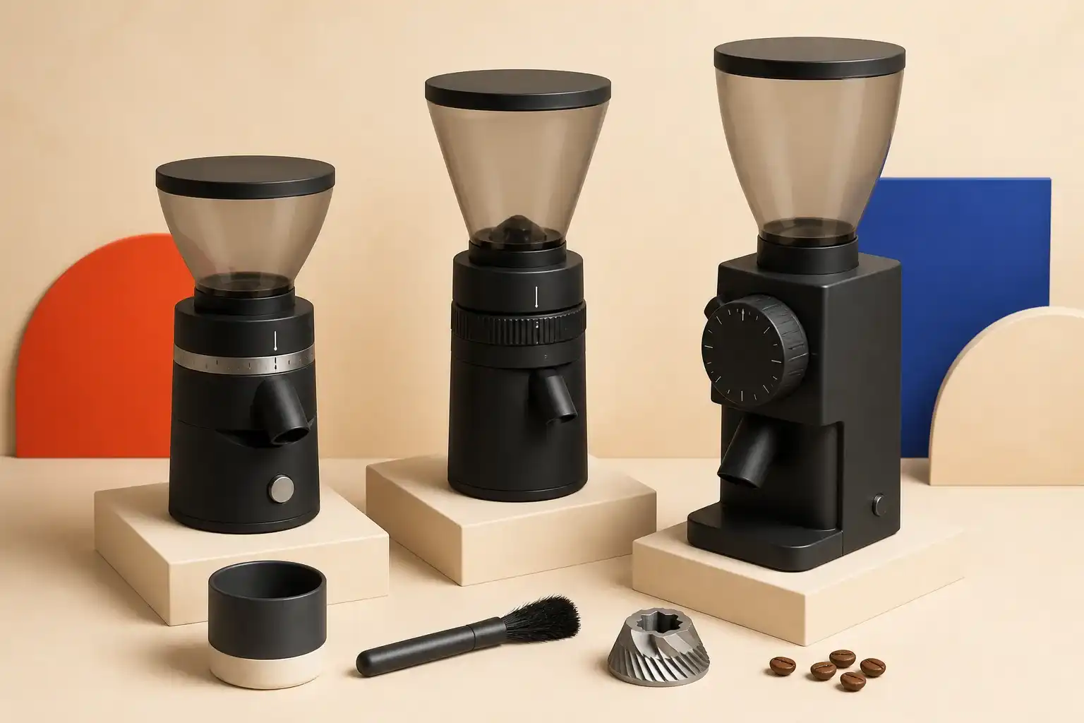 Illustrative 3D scene of burr grinders, dosing tools, and cleaning parts.