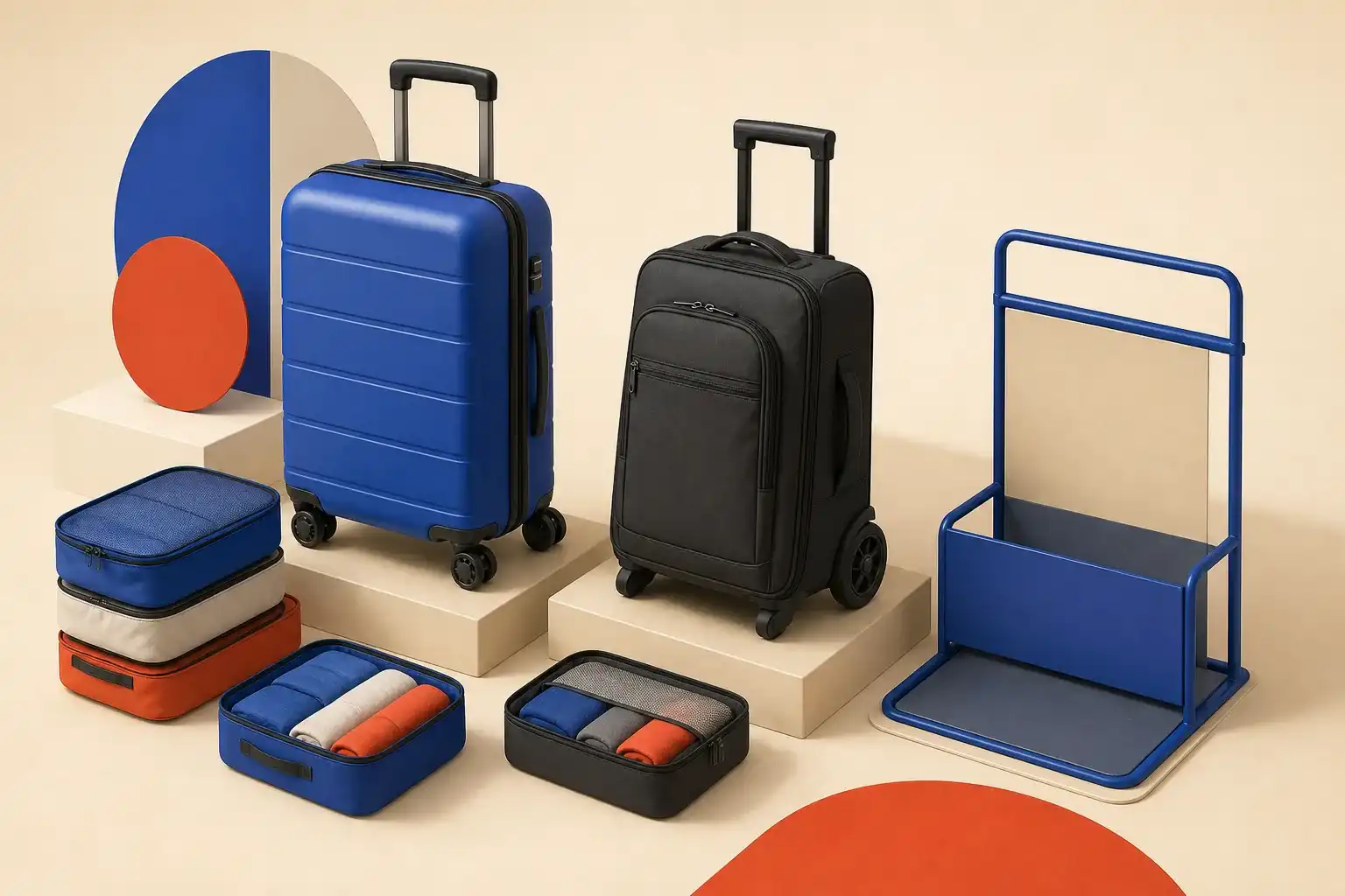 Illustrative 3D scene comparing hard-shell and soft-sided carry-on luggage.