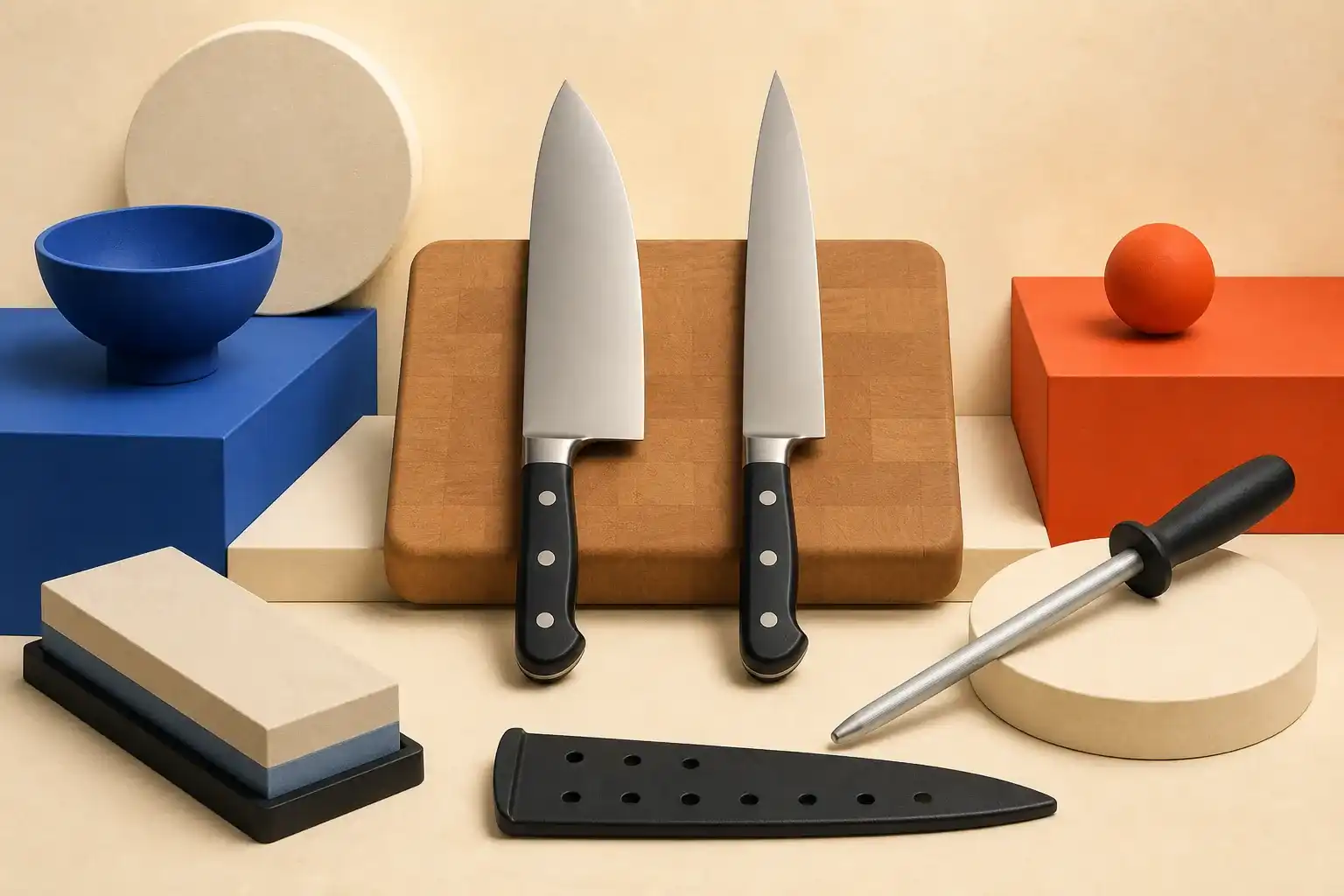 Illustrative 3D scene of chef knives and sharpening tools.