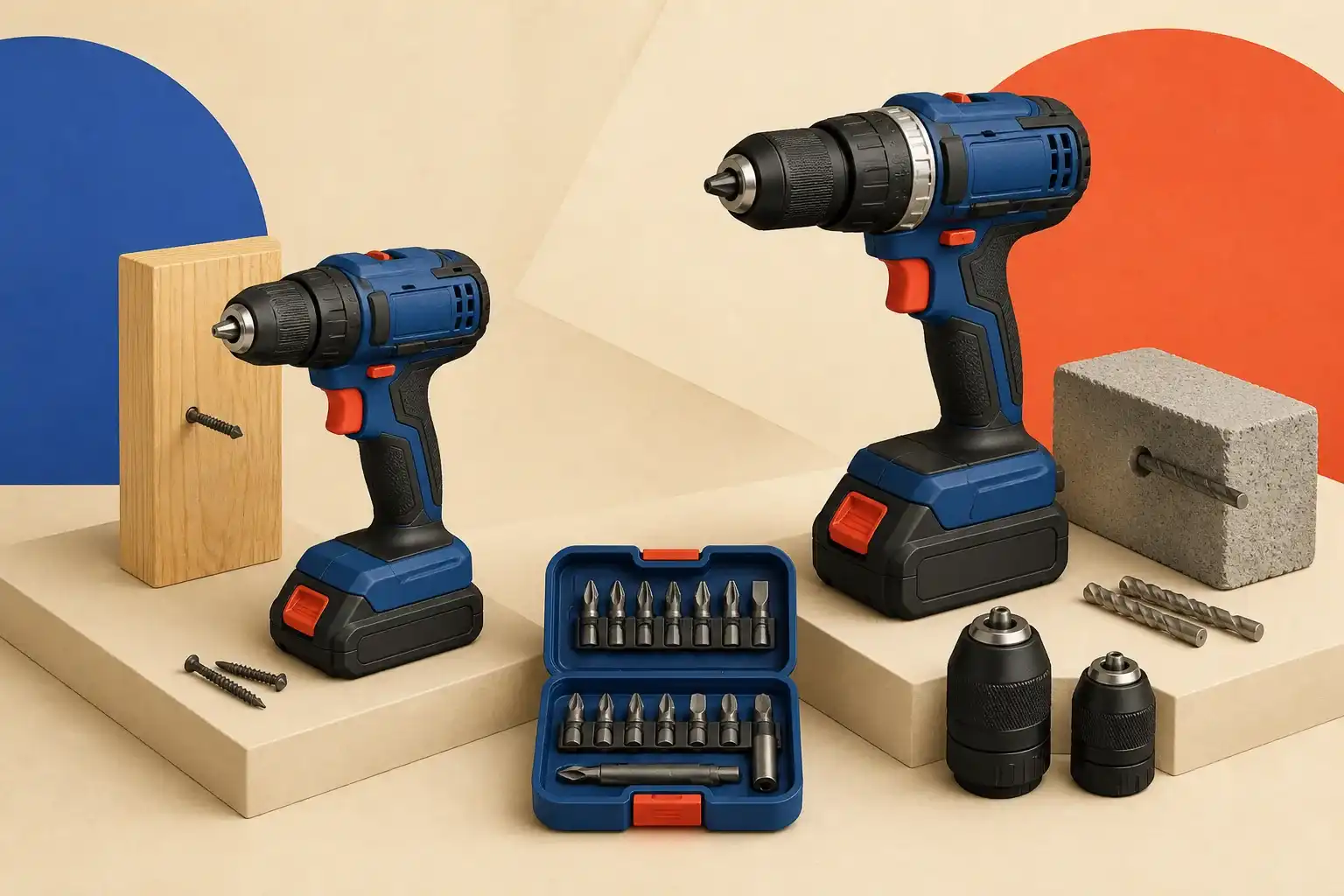 Illustrative 3D scene comparing compact and high-torque cordless drills.