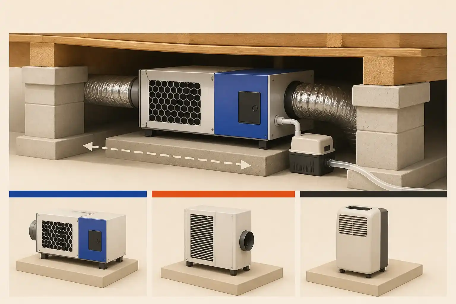 Illustrative 3D scene of a crawlspace dehumidifier, pump, and drain hose.