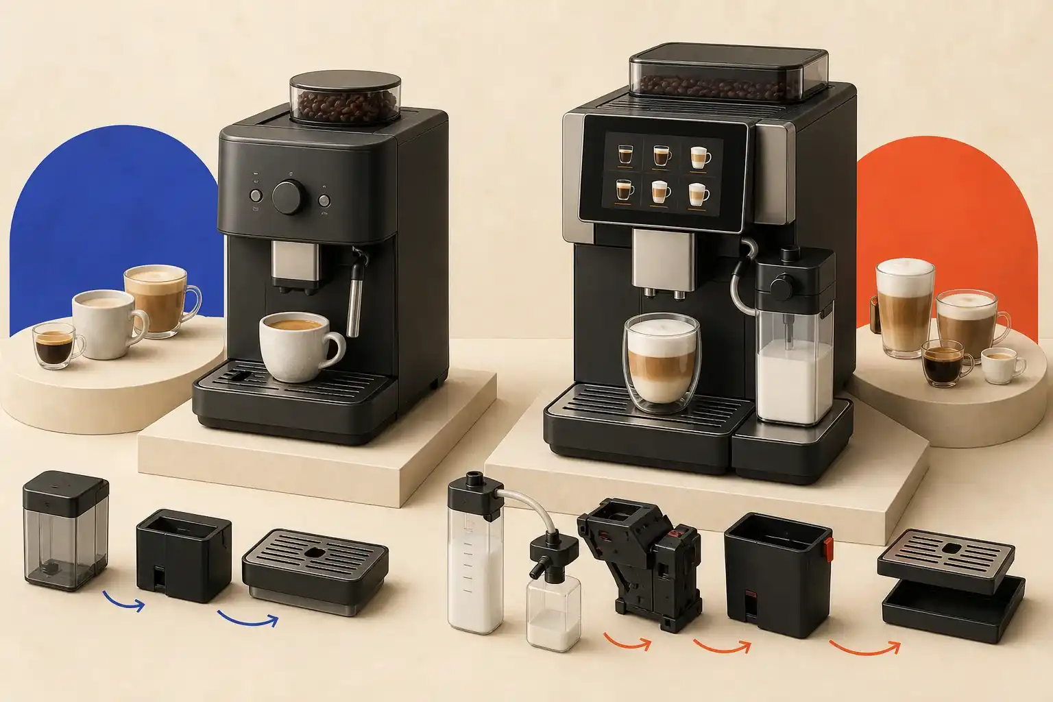 Illustrative 3D scene comparing two automatic coffee machine workflows.