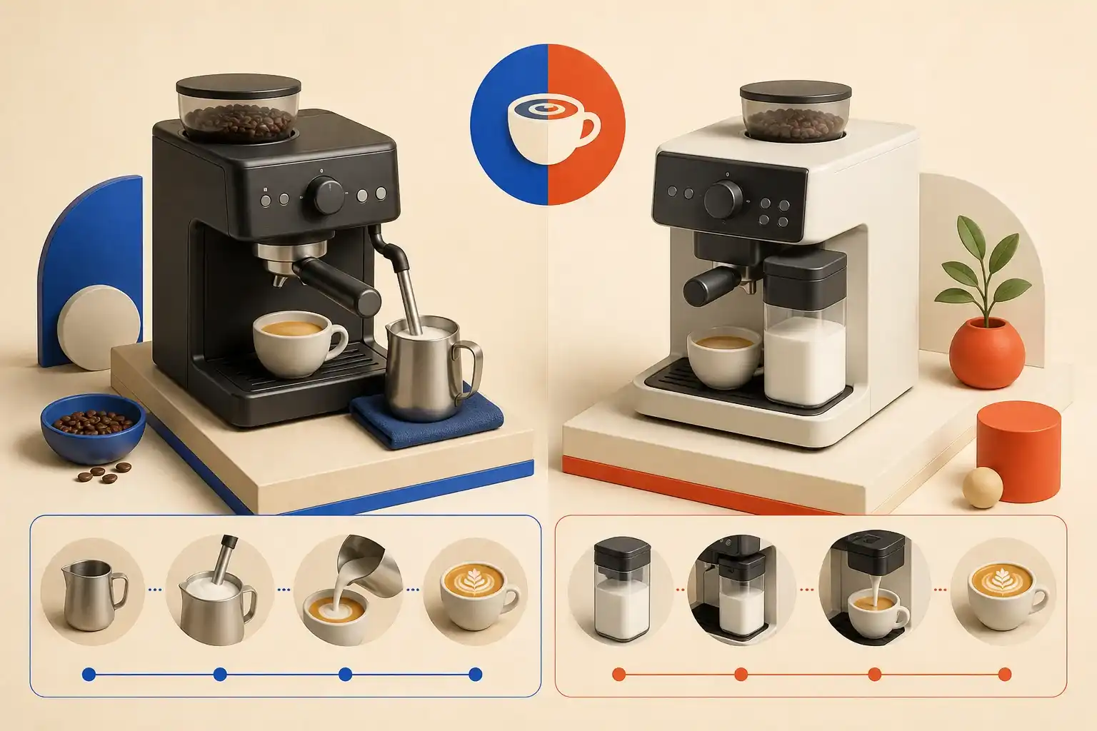 Illustrative 3D scene comparing manual and automatic milk coffee machines.