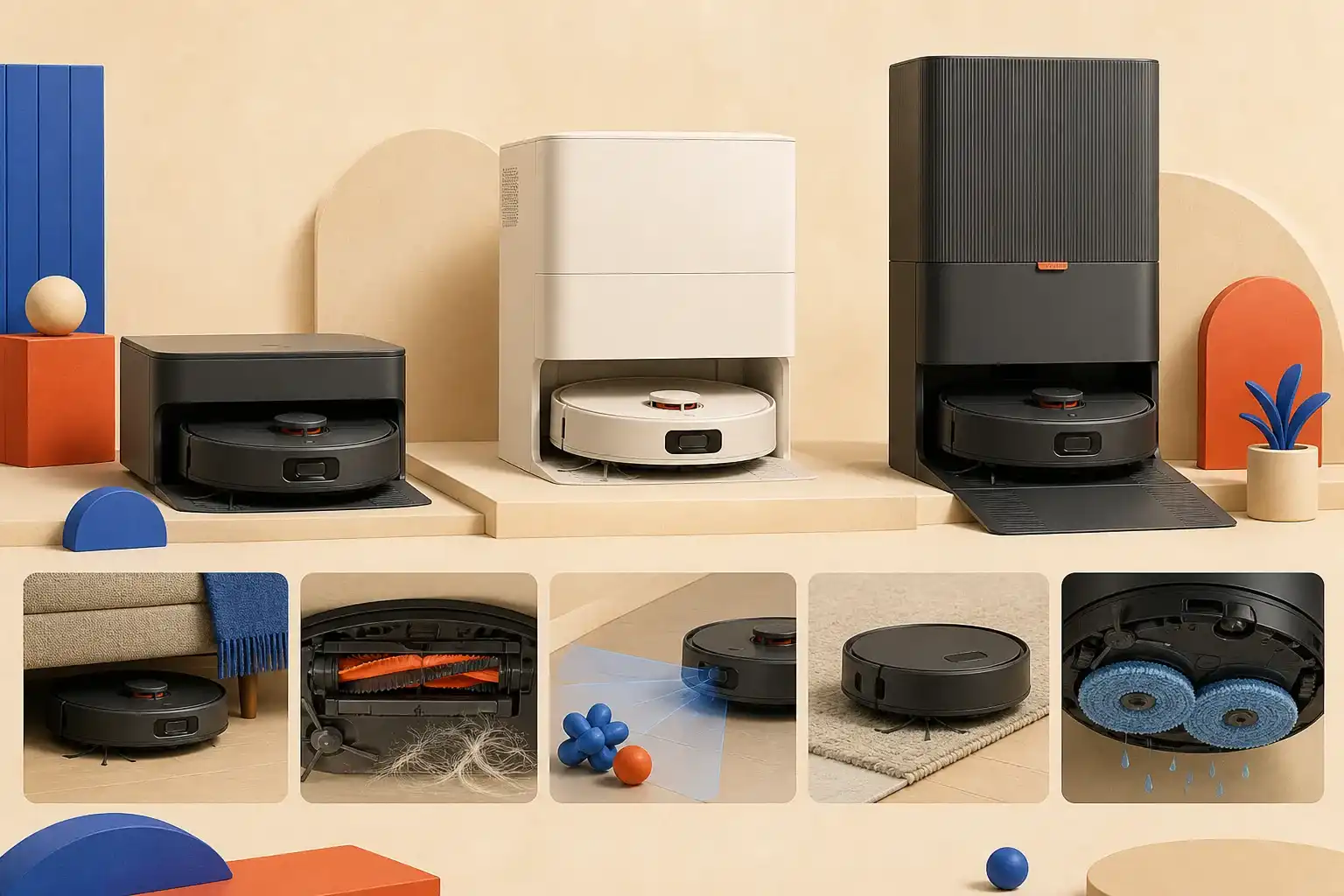 Illustrative 3D scene comparing three full-service robot vacuum systems.