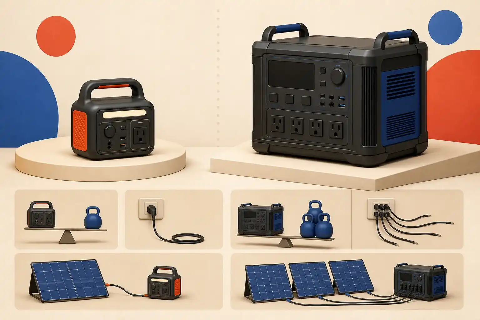 Illustrative 3D scene comparing compact and high-output portable power stations.