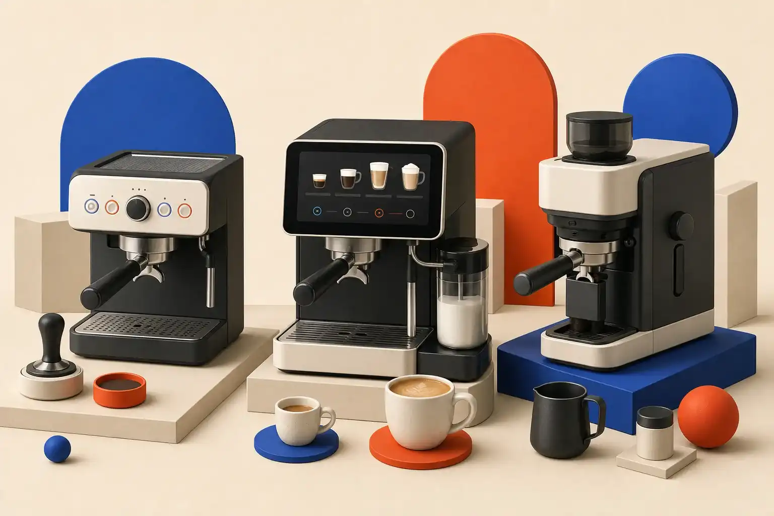 Illustrative 3D scene comparing three guided espresso machine workflows.