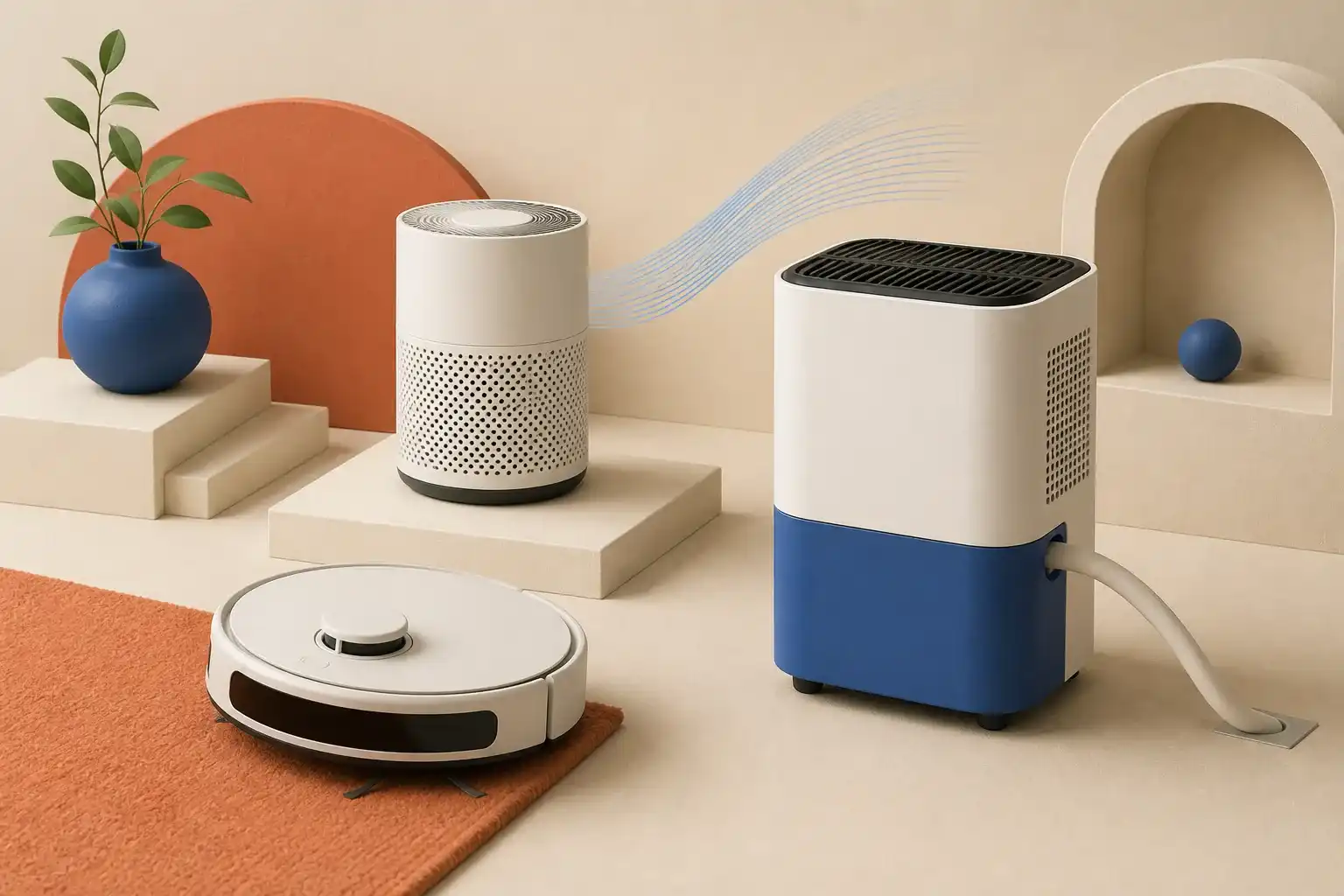 A 3D home-care scene with a robot vacuum, air purifier, and dehumidifier.