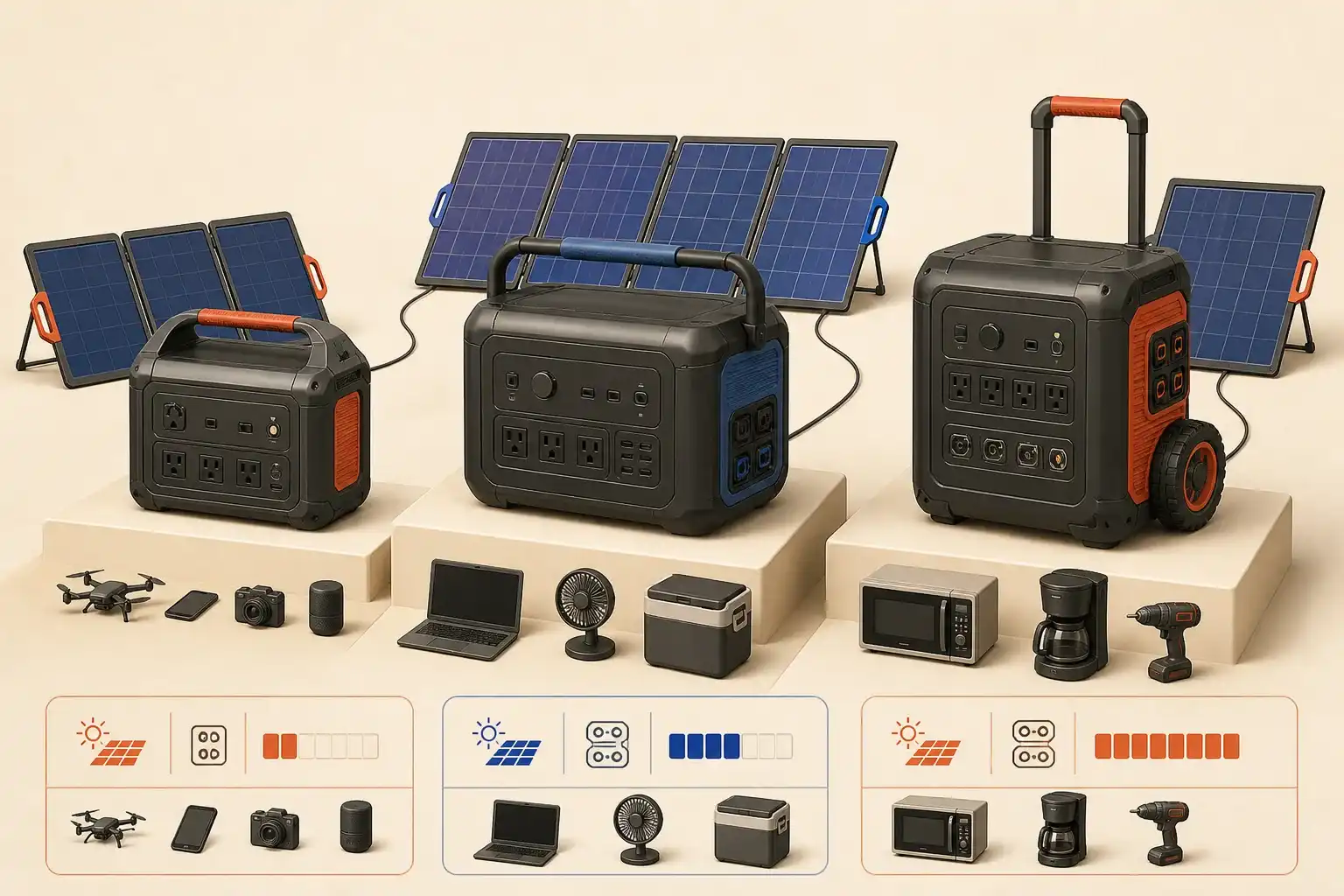 Illustrative 3D scene comparing three large portable power stations.