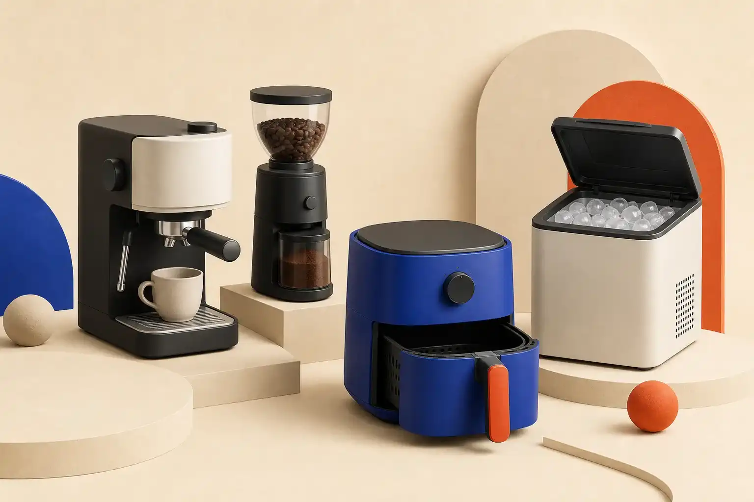 A 3D kitchen scene with an espresso machine, grinder, air fryer, and countertop ice maker.