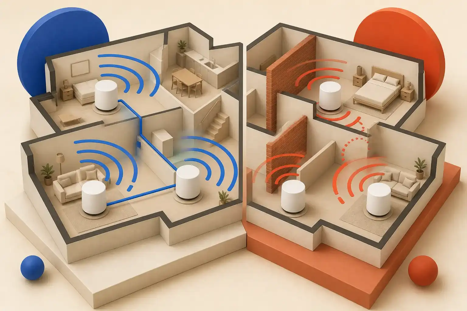 Illustrative 3D scene showing mesh Wi-Fi node placement and backhaul paths.