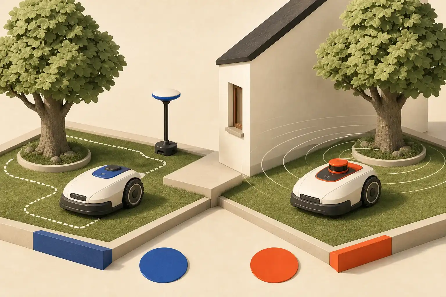 Illustrative 3D scene comparing satellite and LiDAR robot mower navigation.
