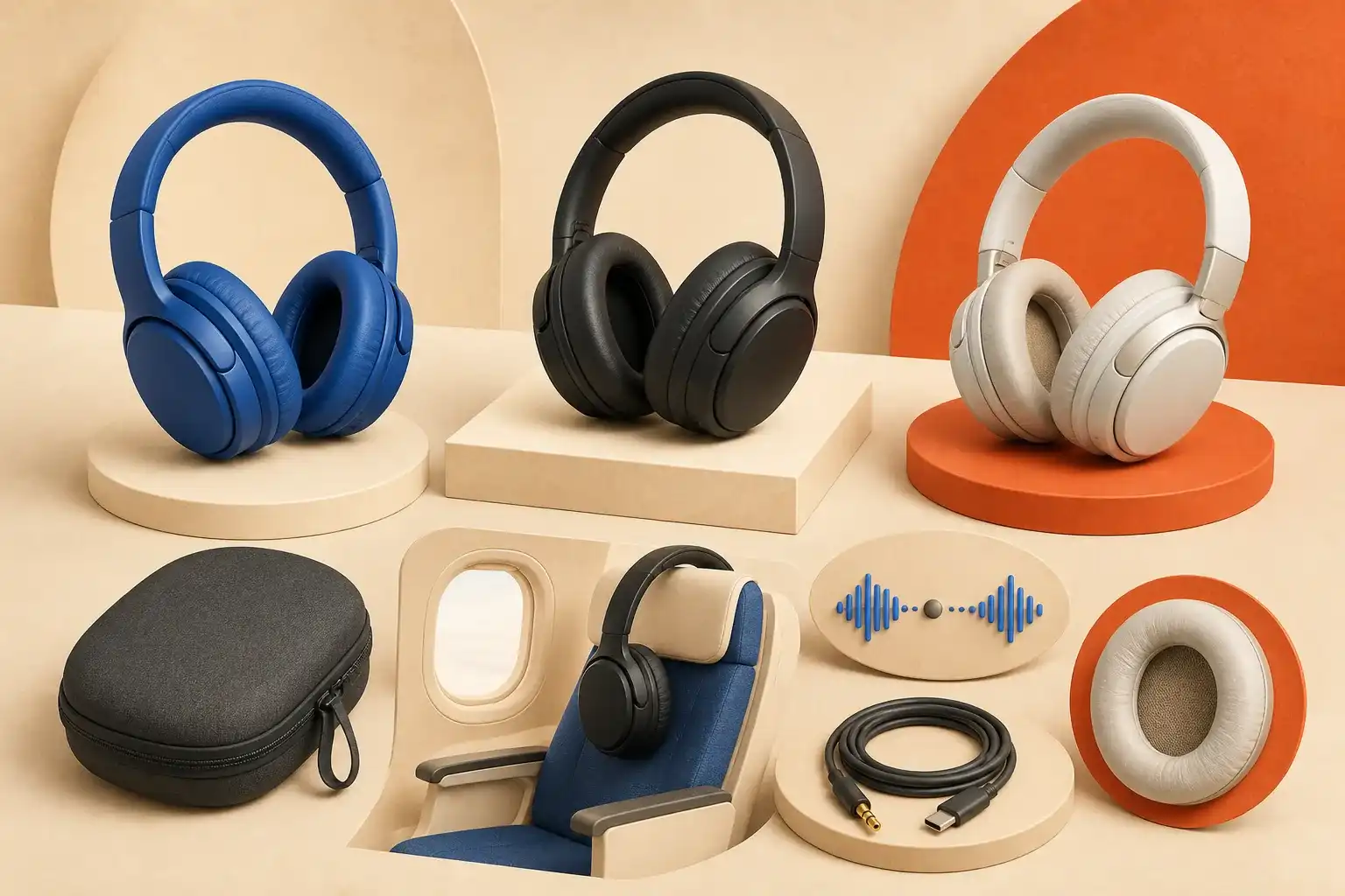 Illustrative 3D scene of noise-canceling headphones for travel and calls.