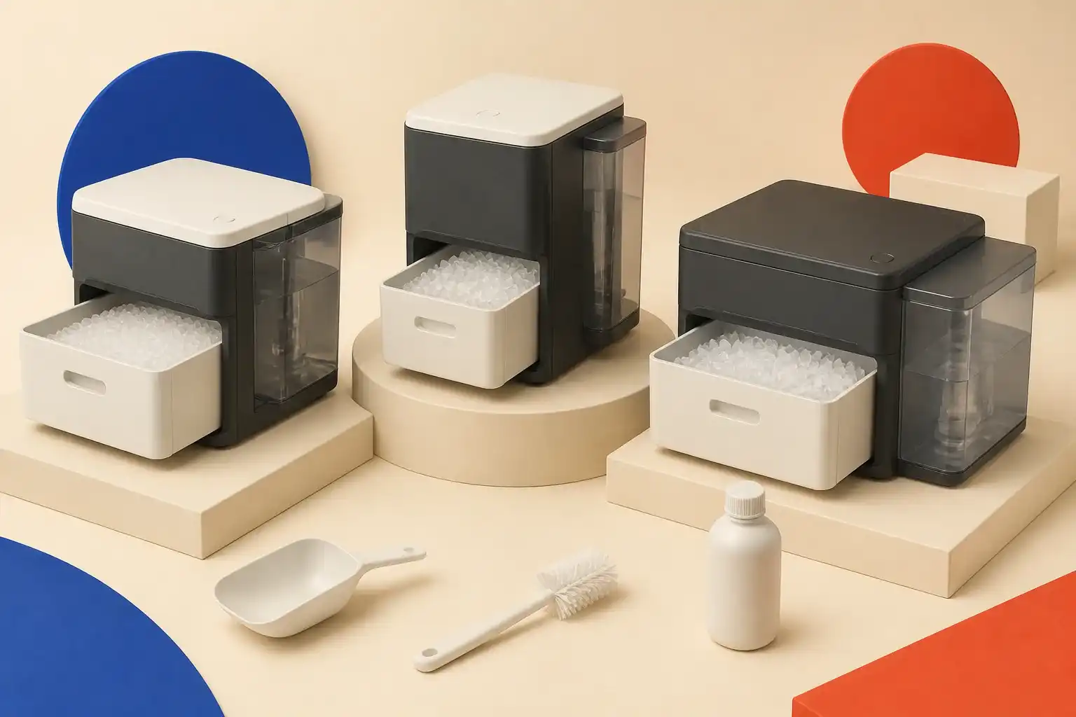 Illustrative 3D scene comparing countertop nugget ice maker size and cleaning.