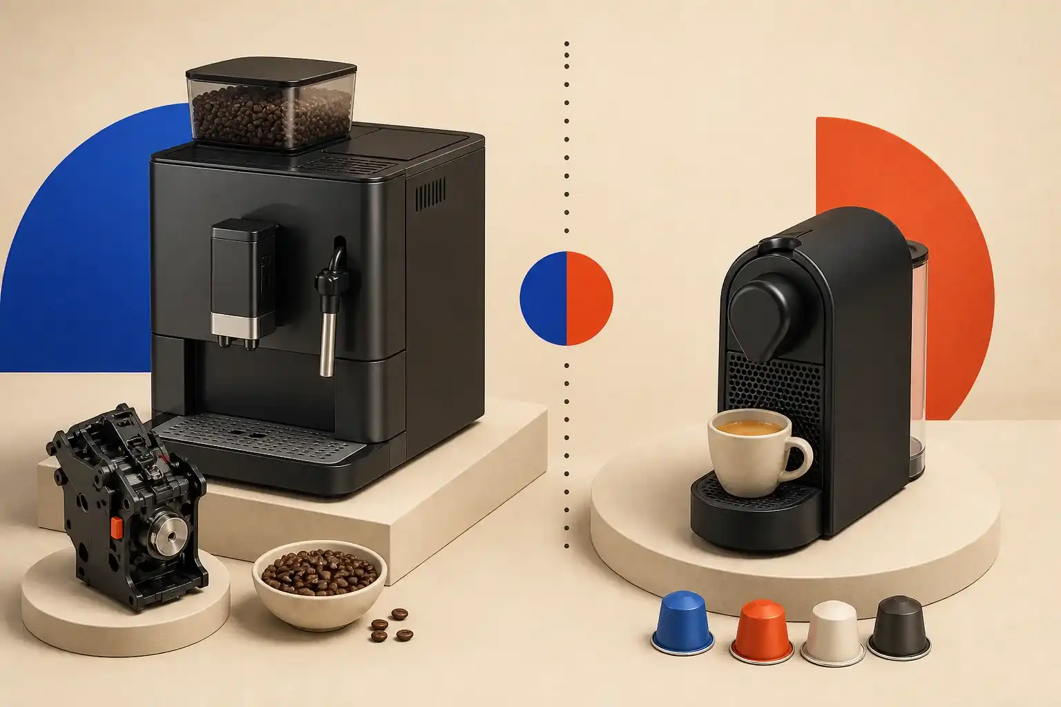 Illustrative 3D scene comparing bean-to-cup and capsule coffee systems.