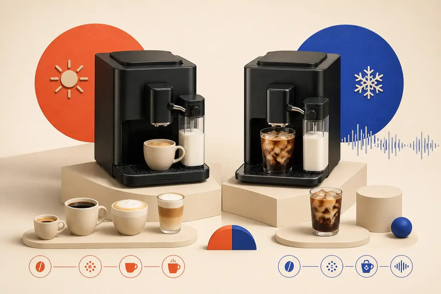 Illustrative 3D scene comparing two automatic milk coffee machines.
