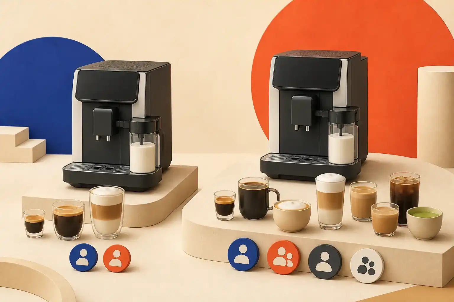 Illustrative 3D scene comparing automatic coffee drink menus and user profiles.