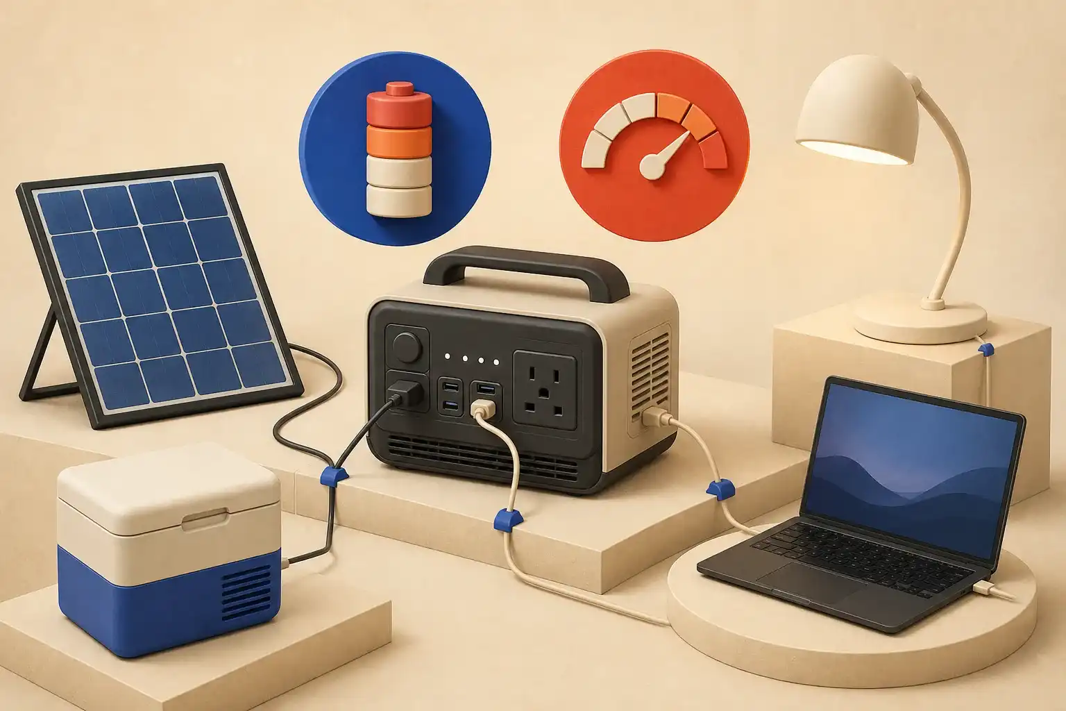 Illustrative 3D scene showing portable power capacity, loads, and safe placement.