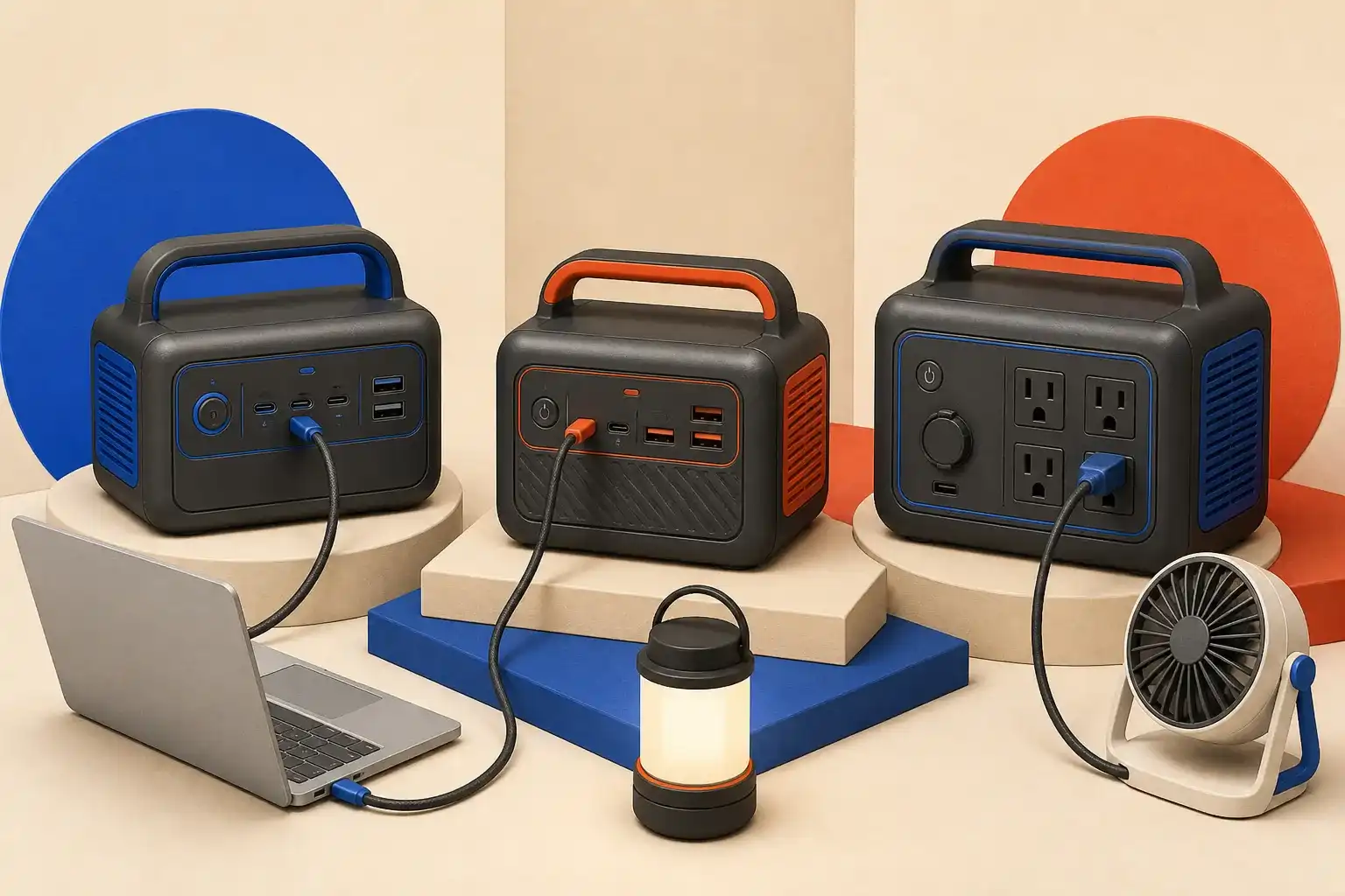 Illustrative 3D scene comparing three compact portable power stations.