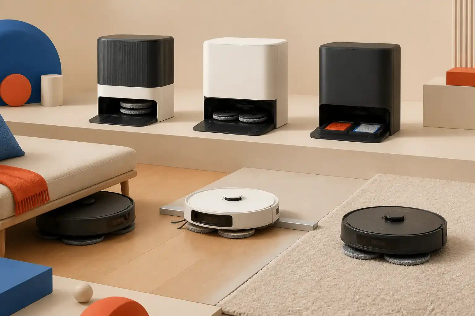 Illustrative 3D scene comparing robot vacuums across furniture, thresholds, and carpet.
