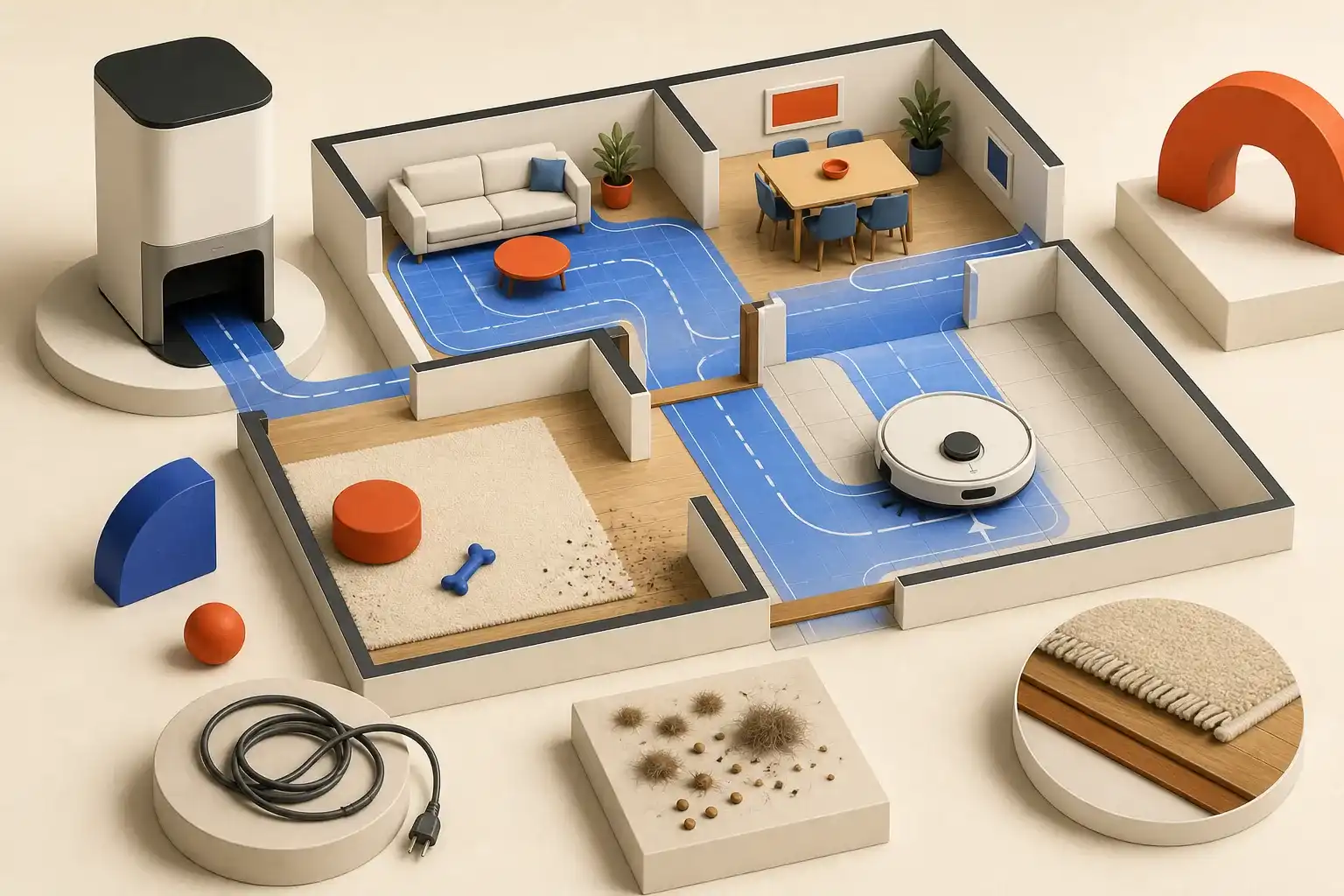 Illustrative 3D scene of robot vacuum navigation from a self-empty dock.