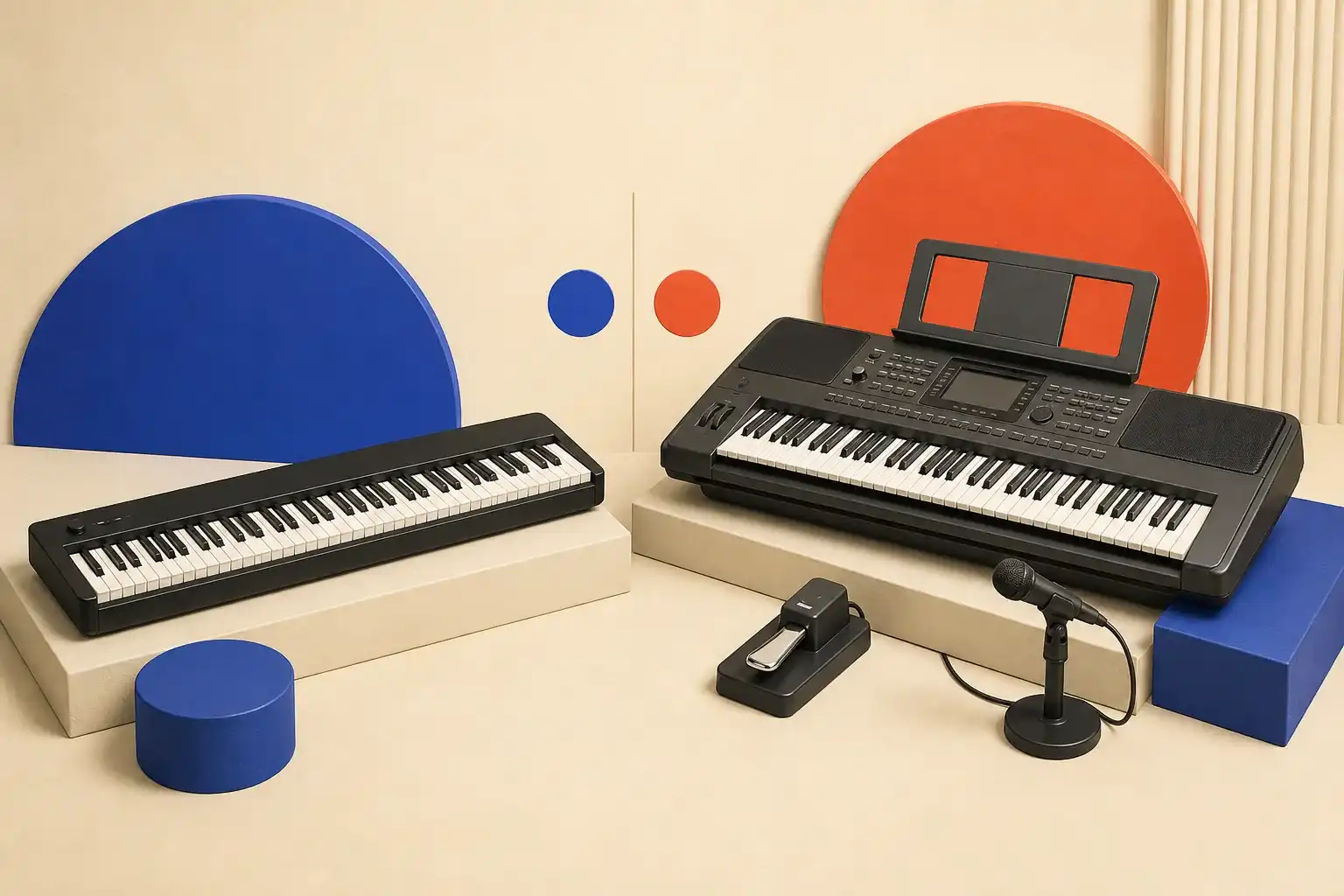 Illustrative 3D scene comparing a portable digital piano and arranger workstation.