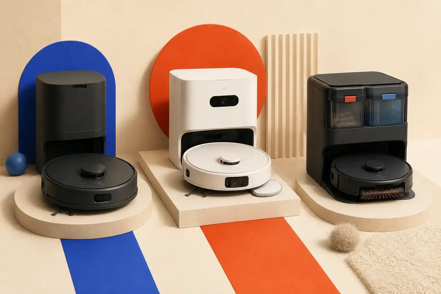 Illustrative 3D scene comparing three robot vacuum navigation and dock systems.