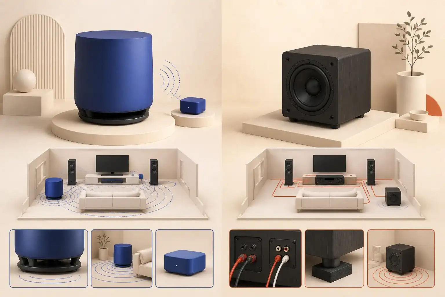 Illustrative 3D scene comparing wireless and wired home-theater subwoofers.