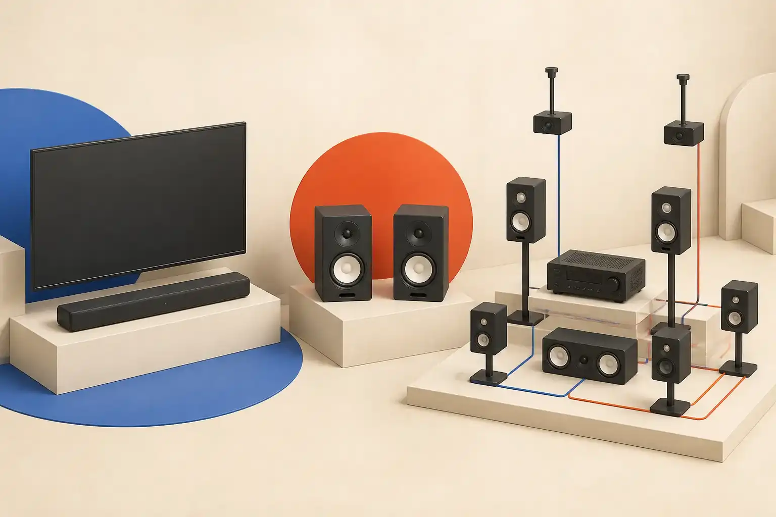 Illustrative 3D scene comparing a soundbar, powered speakers, and surround system.