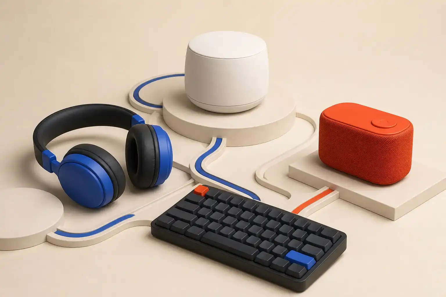 A 3D technology scene with a Wi-Fi node, headphones, keyboard, and speaker.