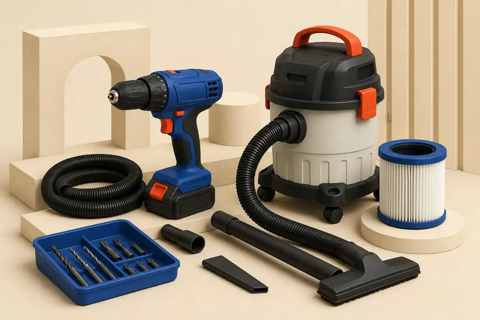 A 3D workshop scene with a cordless drill, wet/dry vacuum, filter, and accessories.
