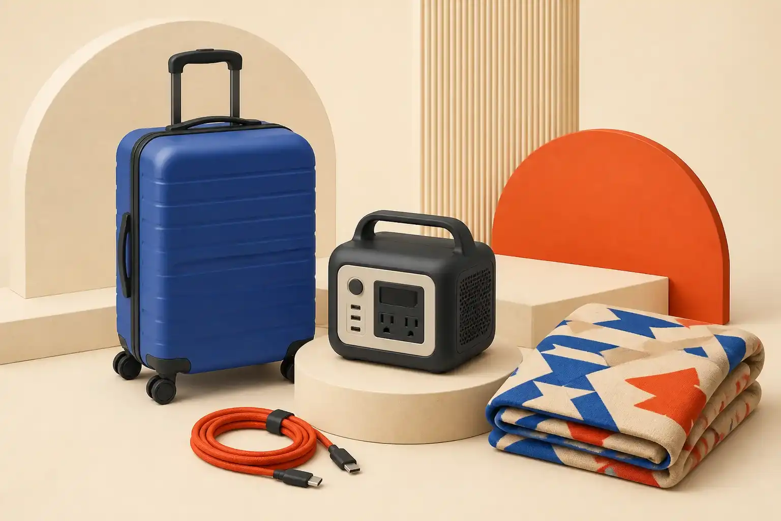 A 3D travel scene with a carry-on suitcase and portable power station.