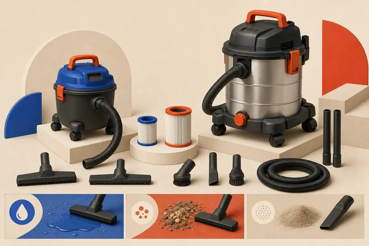 Illustrative 3D scene comparing wet/dry vacuum capacity, filters, and accessories.