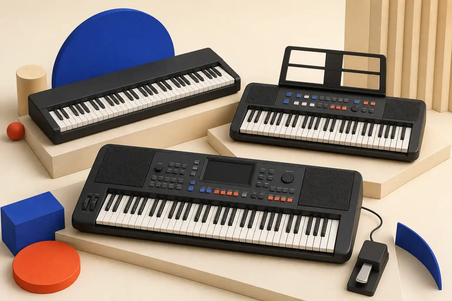 Illustrative 3D scene comparing three 61-key keyboard designs.