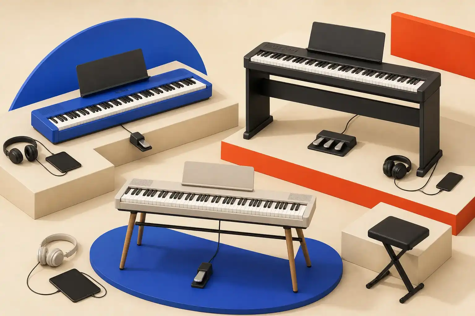 Illustrative 3D scene comparing three slim 88-key digital pianos.