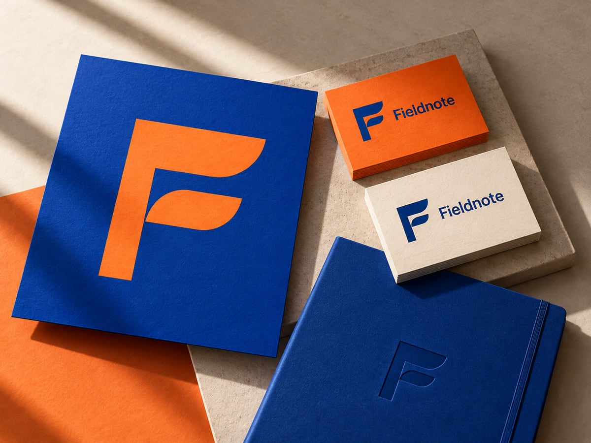 Creative Fieldnote brand concept with an orange geometric F logo, cobalt blue presentation board and coordinated business cards.