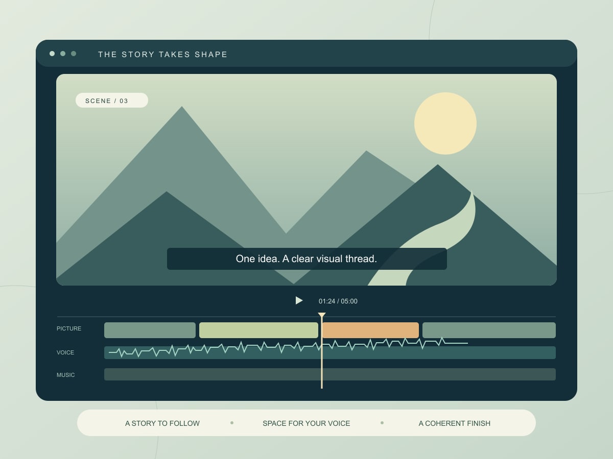 Original storyboard illustration with a landscape scene, caption, picture clips and separate voice and music tracks on an editing timeline.